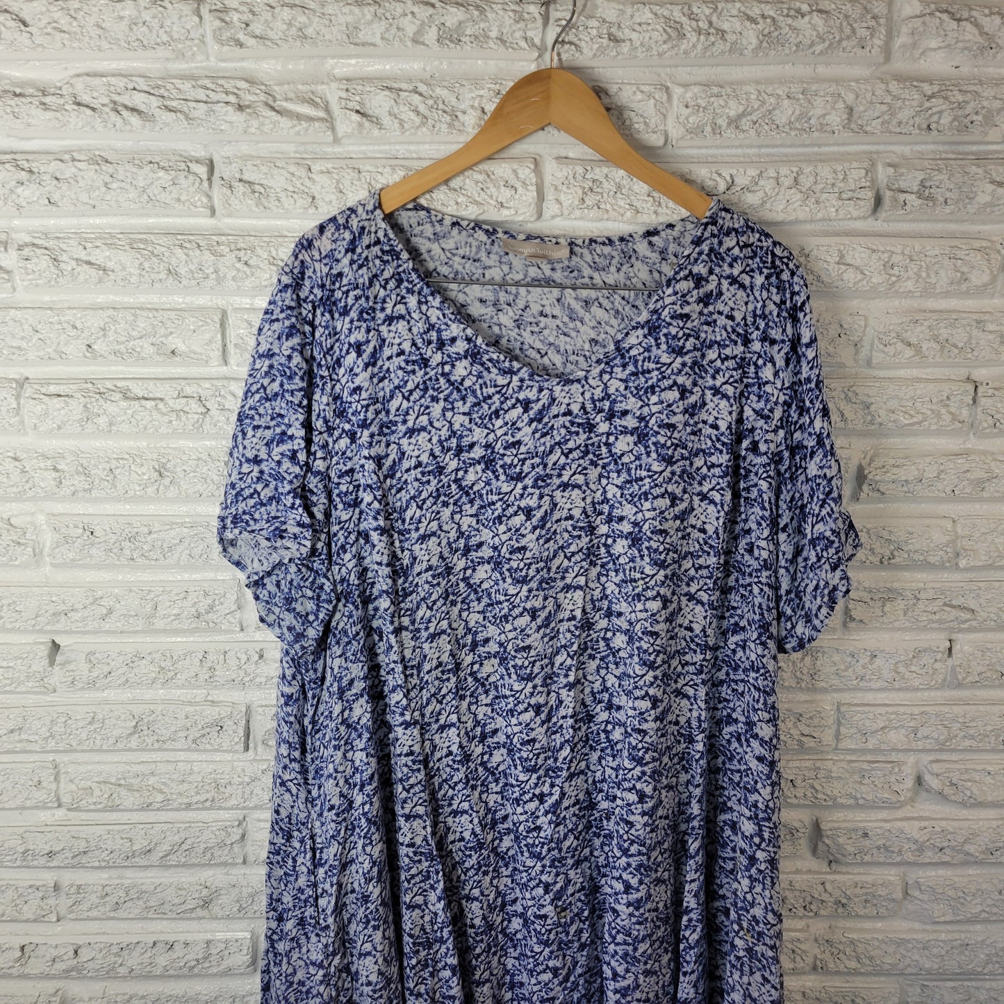 Woman Within 26W Plus Blue White Tie Dye V-Neck Short Sleeve Rayon Dress TIE33E