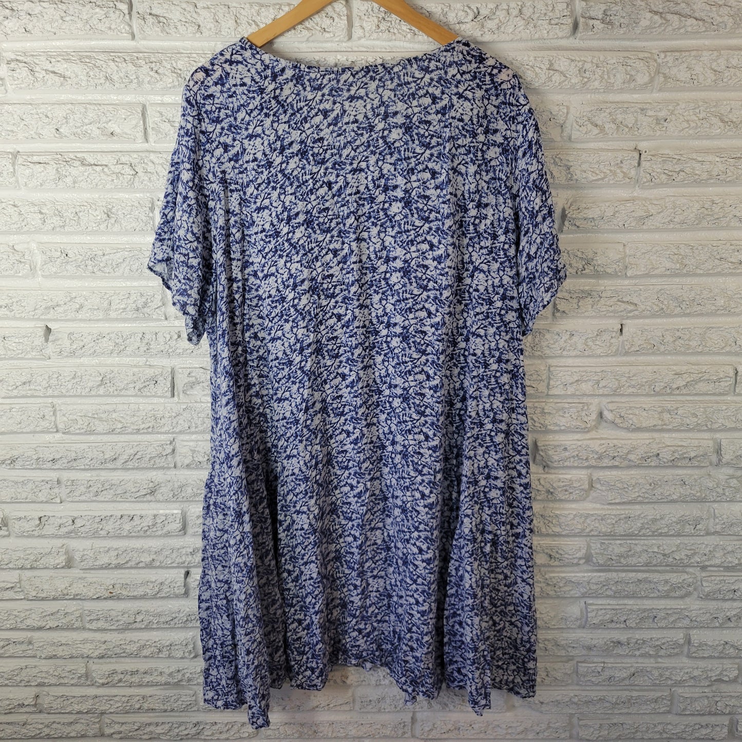 Woman Within 26W Plus Blue White Tie Dye V-Neck Short Sleeve Rayon Dress TIE33E