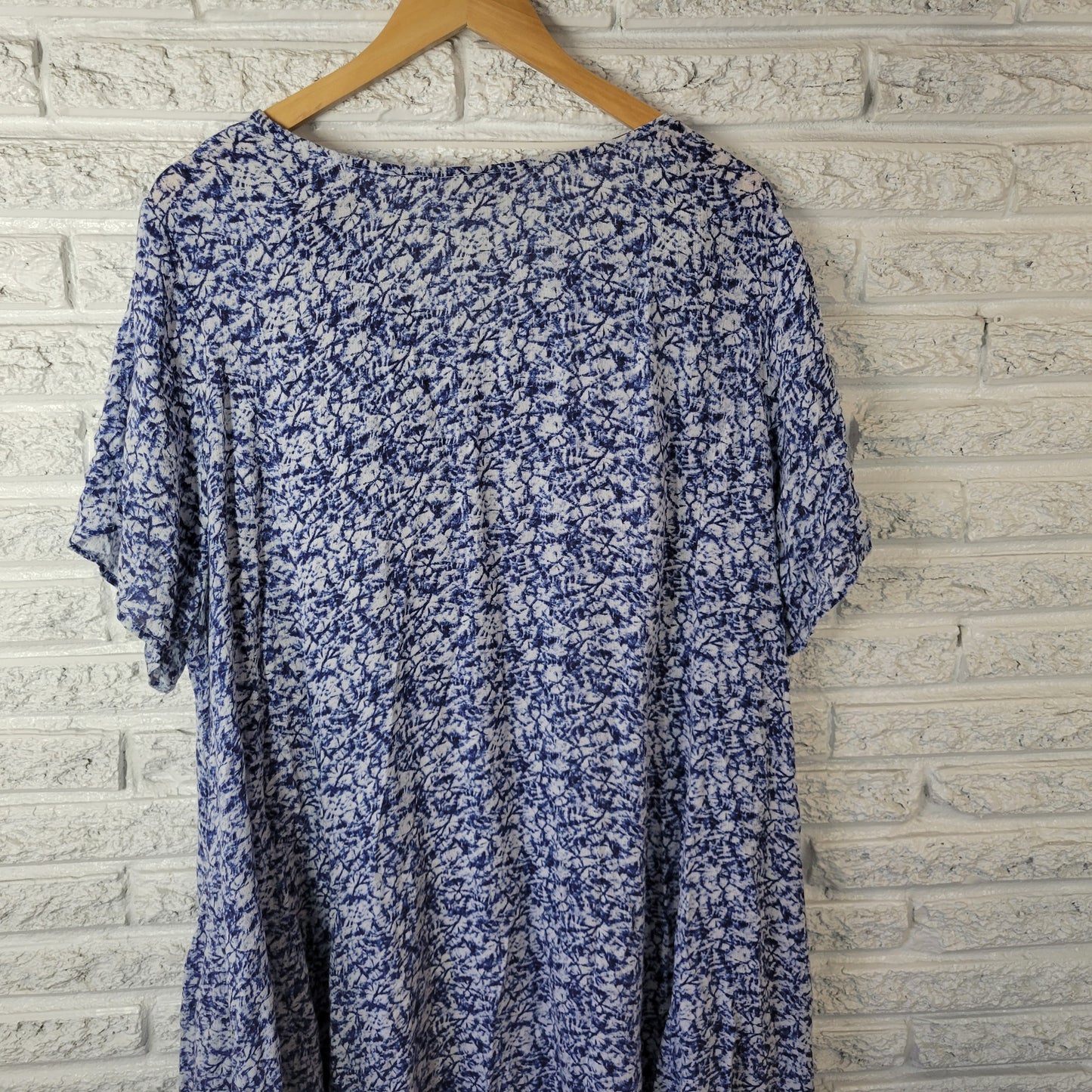 Woman Within 26W Plus Blue White Tie Dye V-Neck Short Sleeve Rayon Dress TIE33E