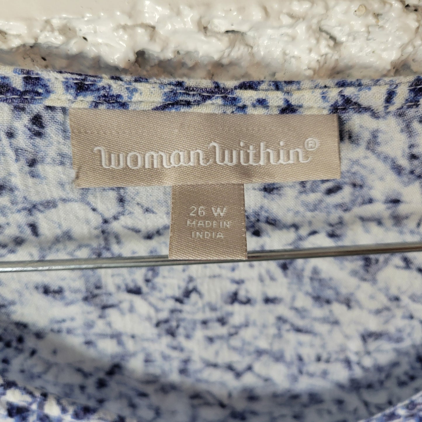 Woman Within 26W Plus Blue White Tie Dye V-Neck Short Sleeve Rayon Dress TIE33E