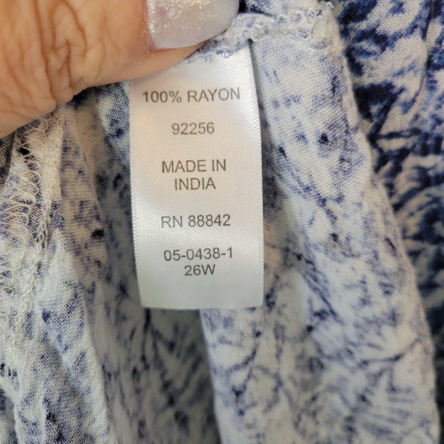 Woman Within 26W Plus Blue White Tie Dye V-Neck Short Sleeve Rayon Dress TIE33E