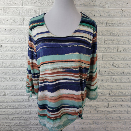 JM Collection 2XL Blue Brown Striped Top Women's Knotted Hem 3/4 Sleeve WAT43E