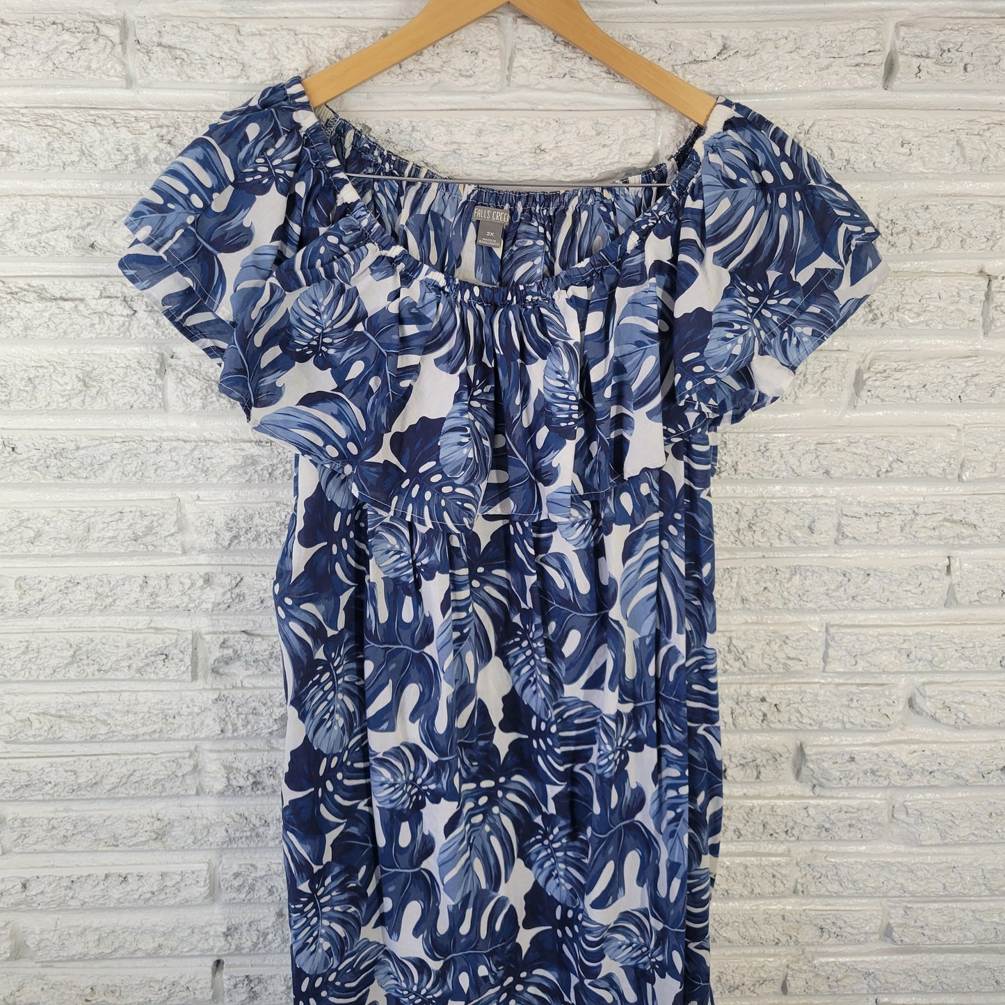 Falls Creek Dress 2X Plus Size Blue White Floral Off Shoulder Ruffle FLO238E