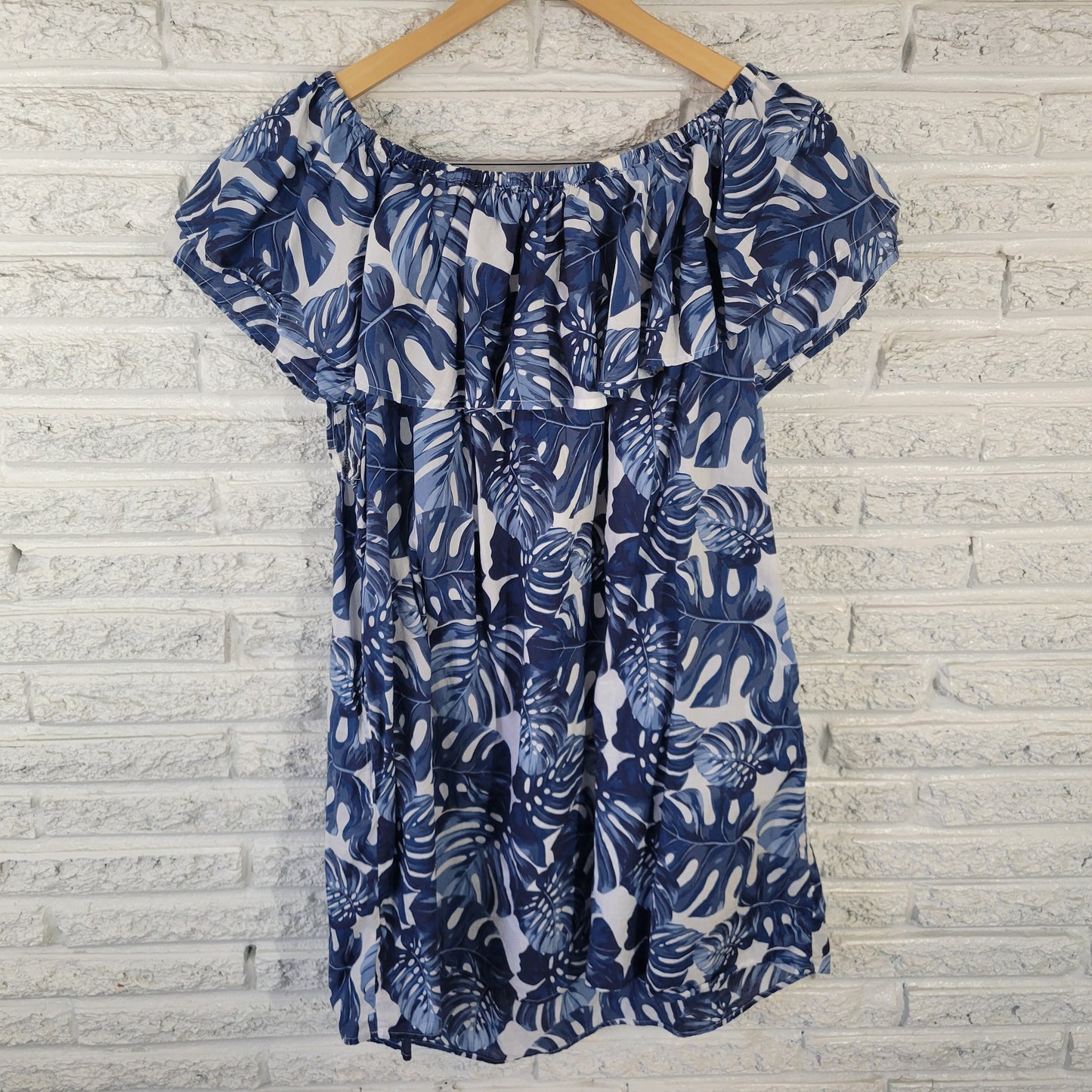 Falls Creek Dress 2X Plus Size Blue White Floral Off Shoulder Ruffle FLO238E