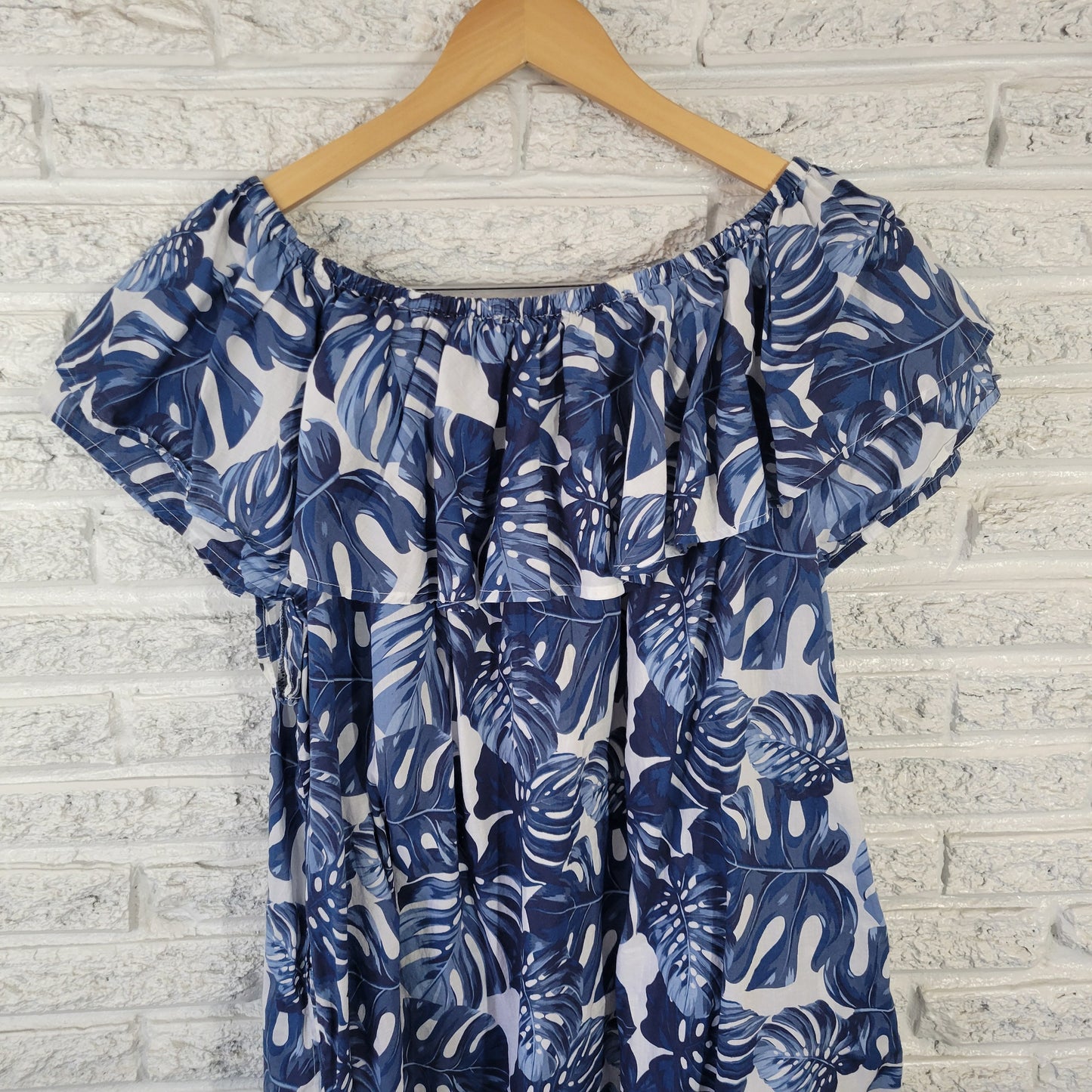Falls Creek Dress 2X Plus Size Blue White Floral Off Shoulder Ruffle FLO238E