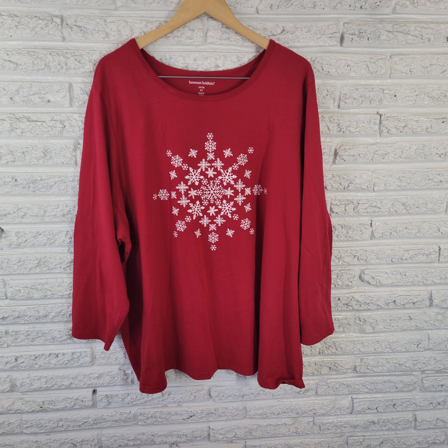 Woman Within T-Shirt 4X Plus Size Red Snowflake Long Sleeve Christmas RED38E