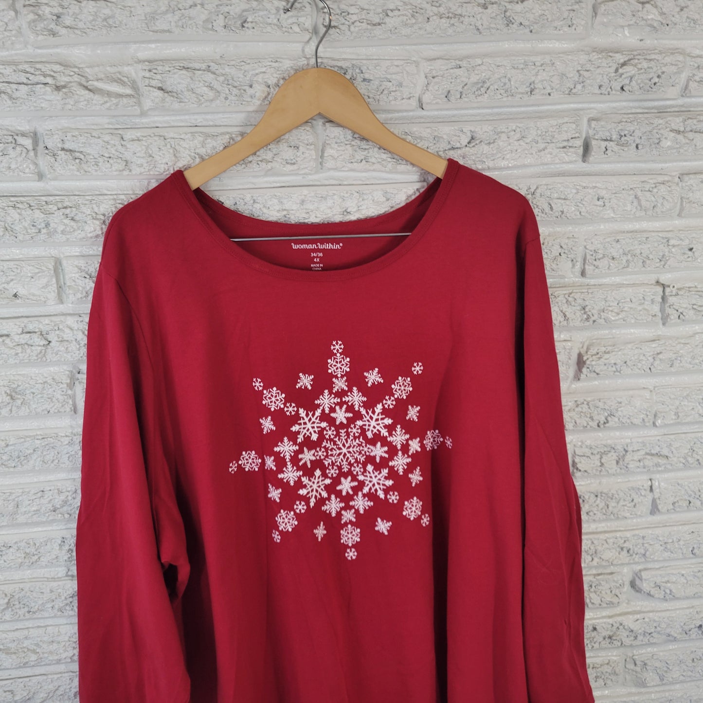 Woman Within T-Shirt 4X Plus Size Red Snowflake Long Sleeve Christmas RED38E