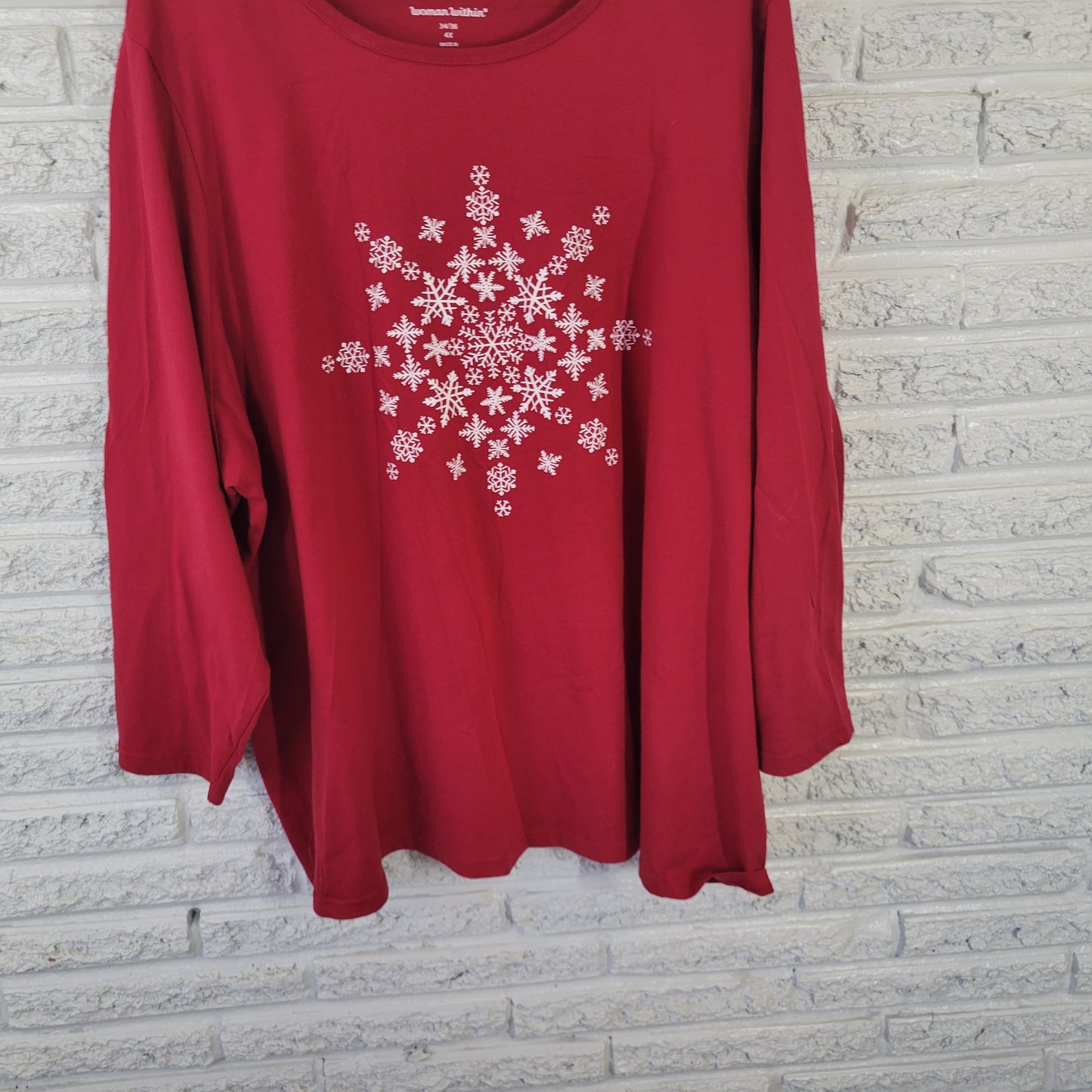 Woman Within T-Shirt 4X Plus Size Red Snowflake Long Sleeve Christmas RED38E