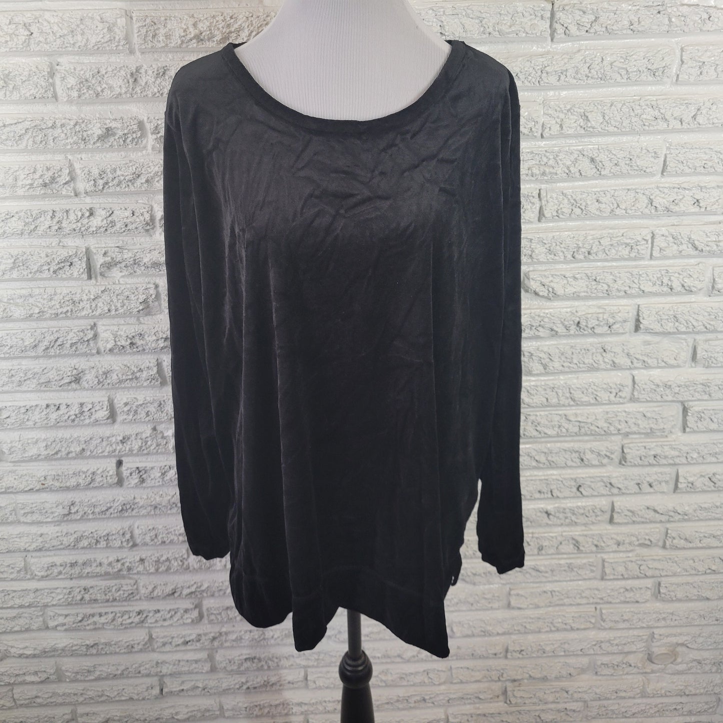 Woman Within 1X Velour Sweatshirt Black Pullover Long Sleeve Crew Neck BLA12E