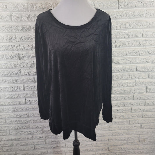 Woman Within 1X Velour Sweatshirt Black Pullover Long Sleeve Crew Neck BLA12E