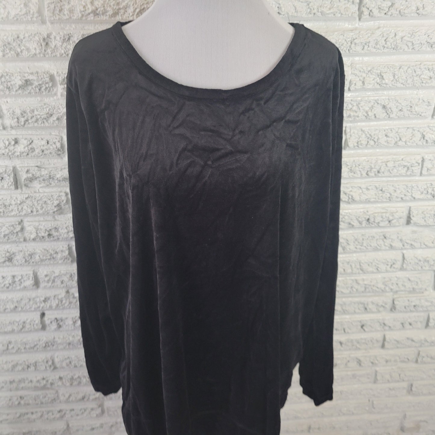 Woman Within 1X Velour Sweatshirt Black Pullover Long Sleeve Crew Neck BLA12E