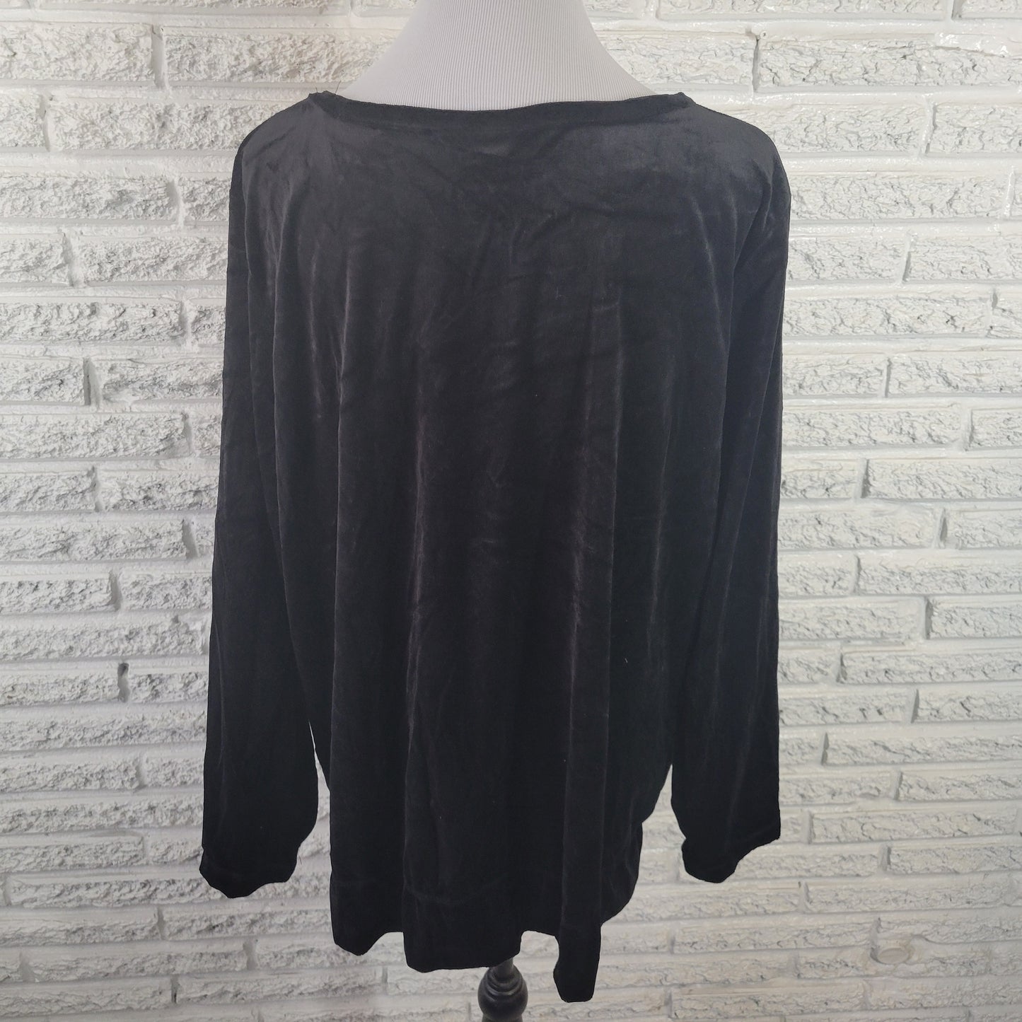 Woman Within 1X Velour Sweatshirt Black Pullover Long Sleeve Crew Neck BLA12E