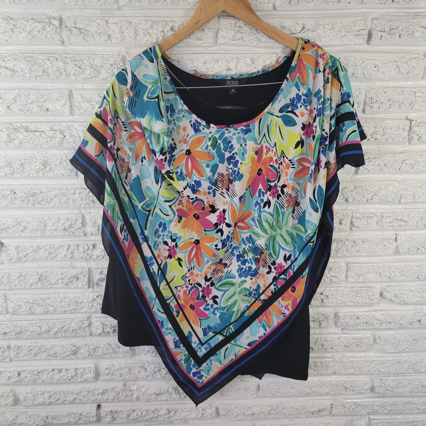 Slim Factor Investments 2X Blue Orange Yellow Floral Cold Shoulder Top FLO75E