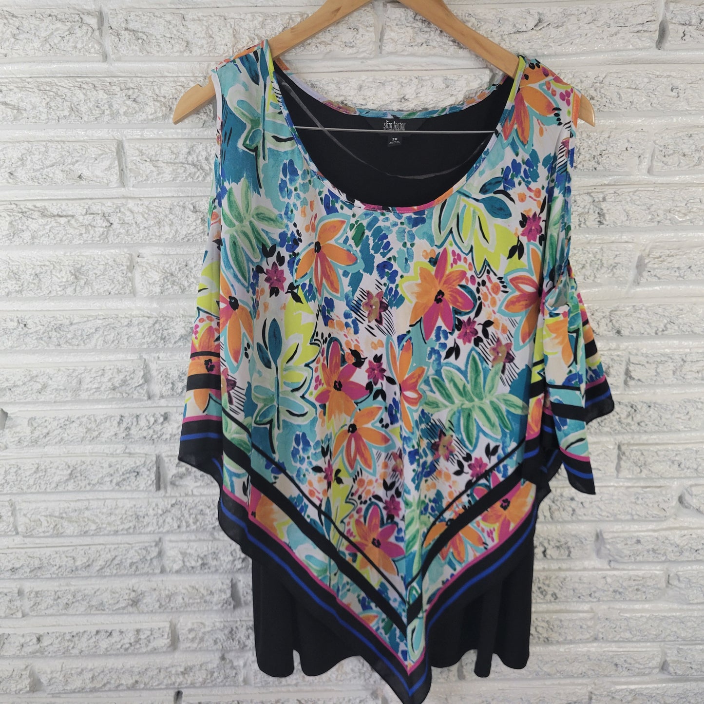 Slim Factor Investments 2X Blue Orange Yellow Floral Cold Shoulder Top FLO75E