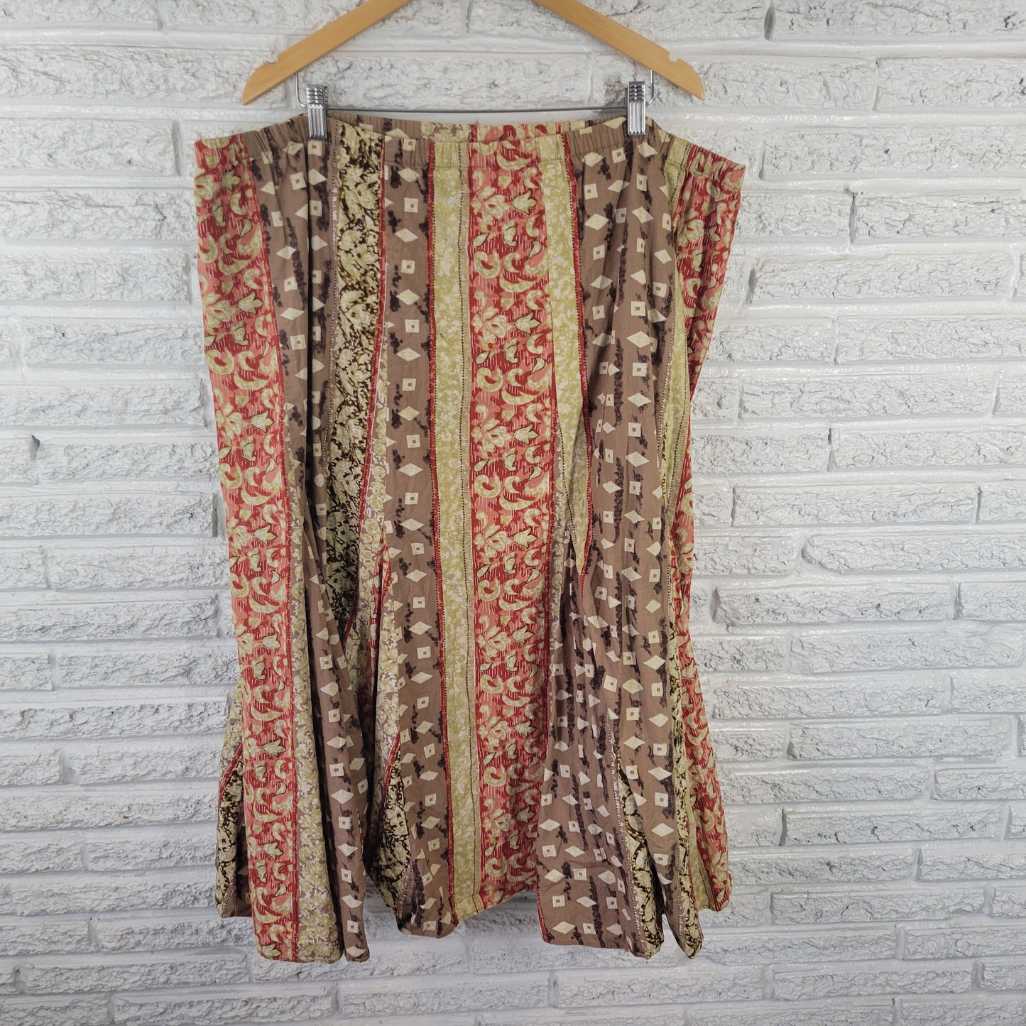 JM Collection 18W A-Line Midi Skirt Brown Geometric Pull-On Cotton GEO122XE