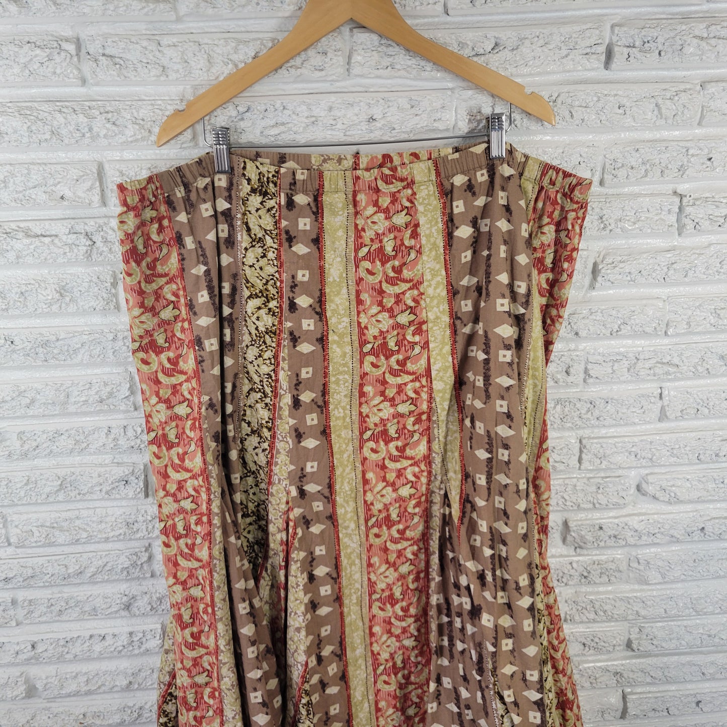 JM Collection 18W A-Line Midi Skirt Brown Geometric Pull-On Cotton GEO122XE