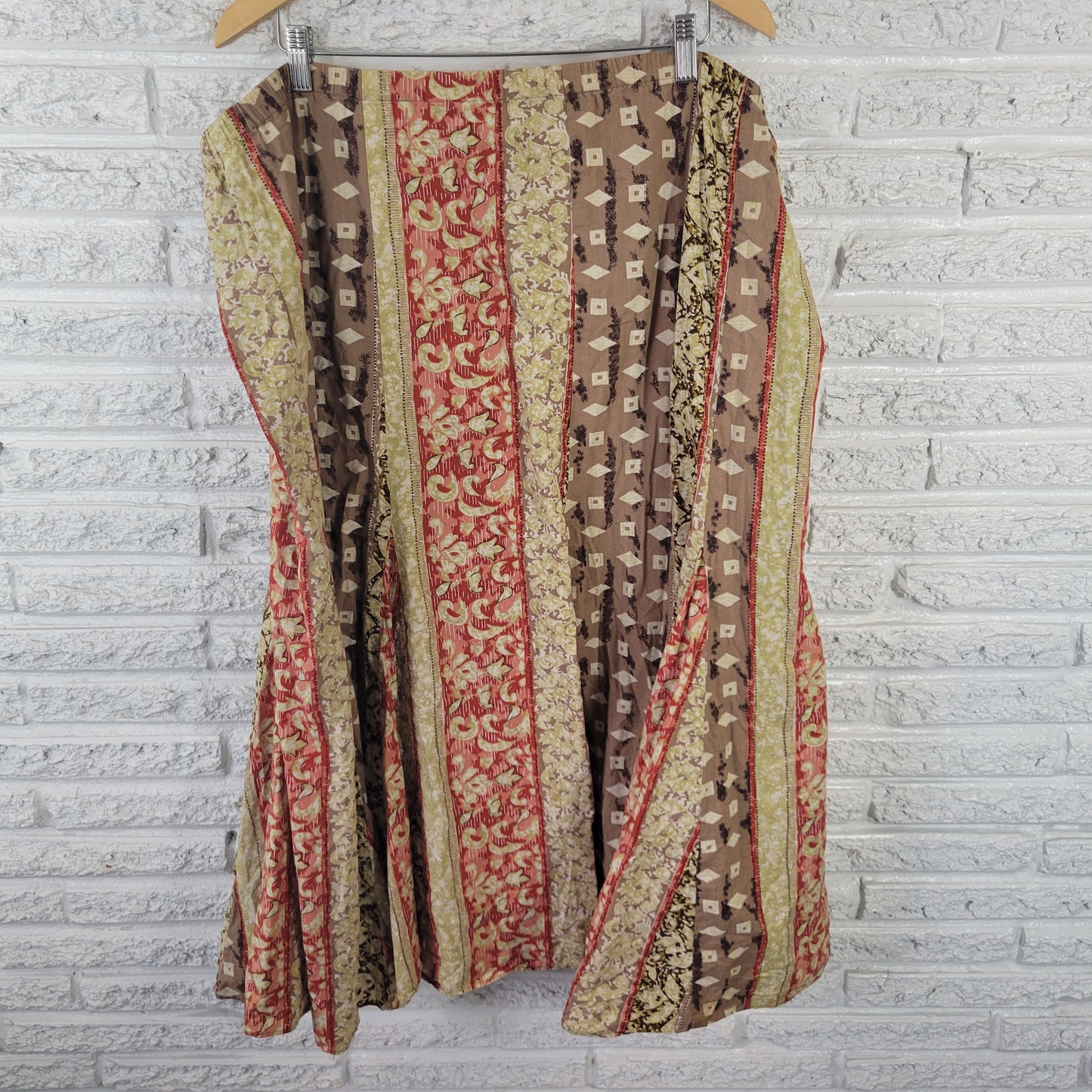 JM Collection 18W A-Line Midi Skirt Brown Geometric Pull-On Cotton GEO122XE