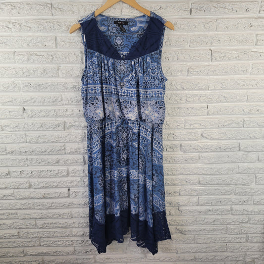 Style Co XL Fit & Flare Dress Blue White Geometric Asymmetric Lace Hem GEO81E