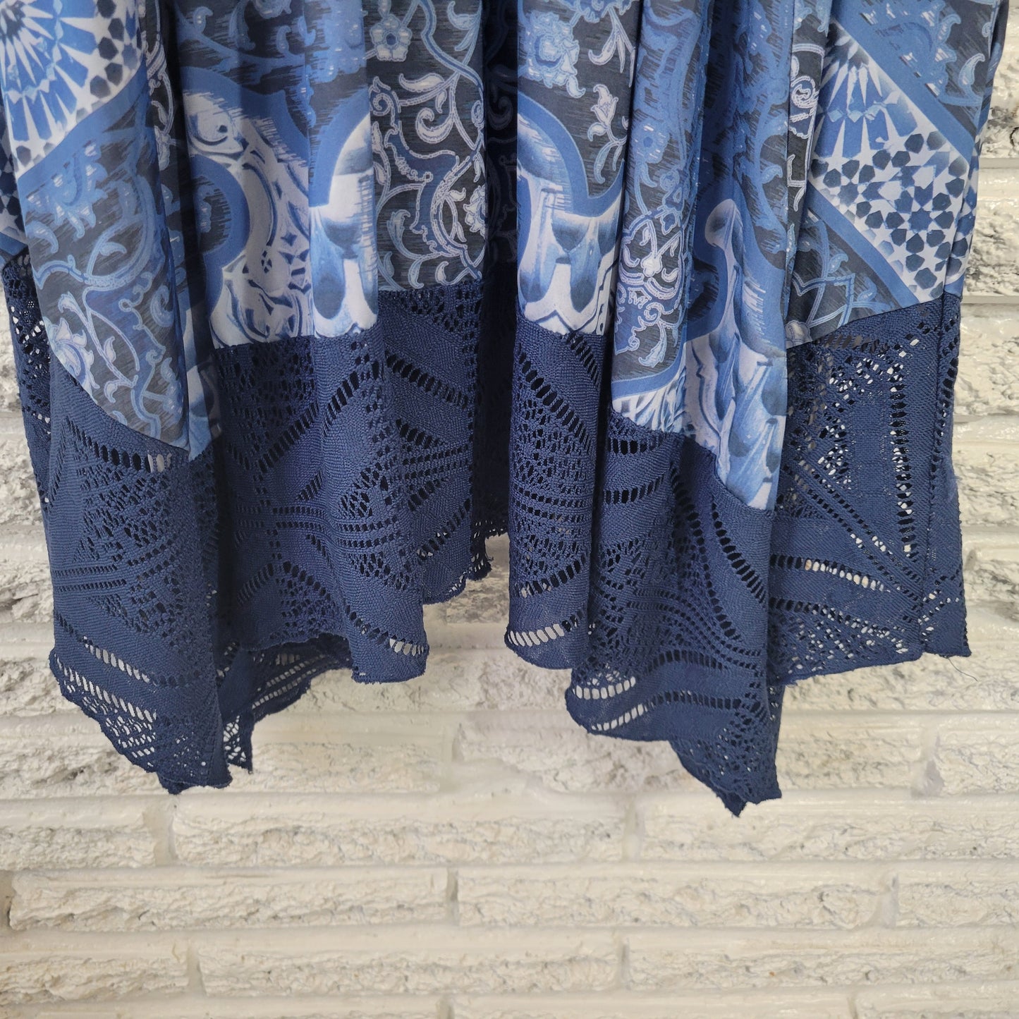 Style Co XL Fit & Flare Dress Blue White Geometric Asymmetric Lace Hem GEO81E