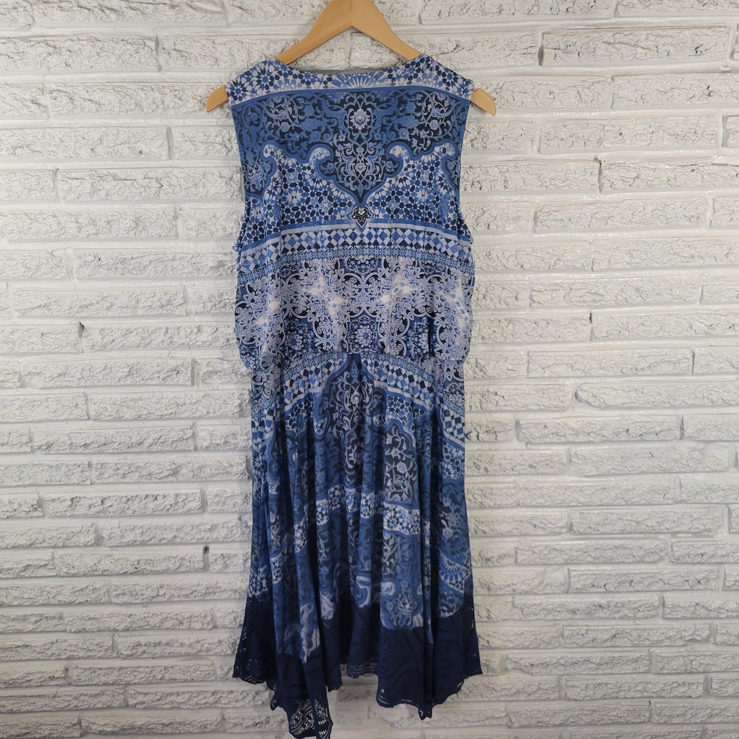 Style Co XL Fit & Flare Dress Blue White Geometric Asymmetric Lace Hem GEO81E