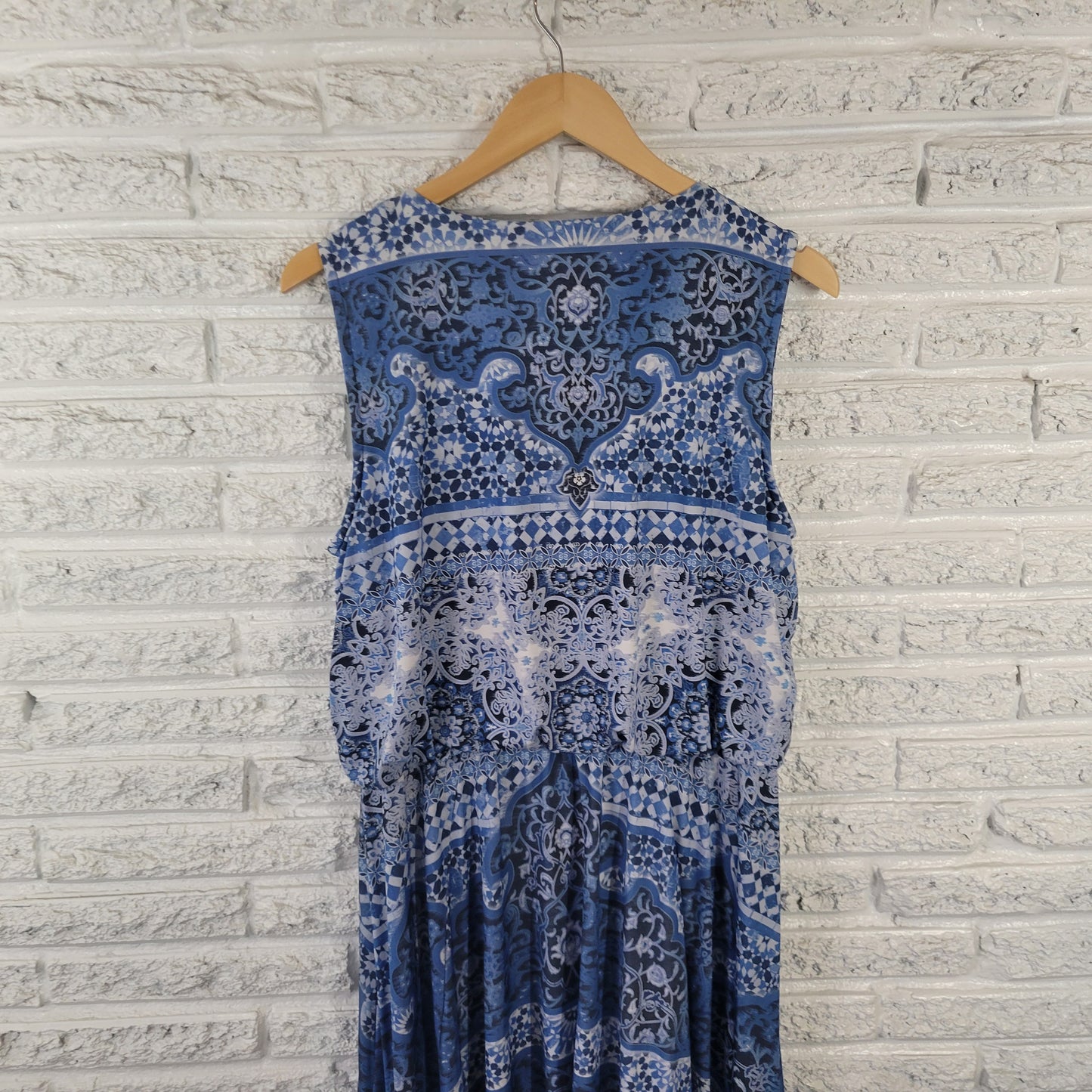 Style Co XL Fit & Flare Dress Blue White Geometric Asymmetric Lace Hem GEO81E