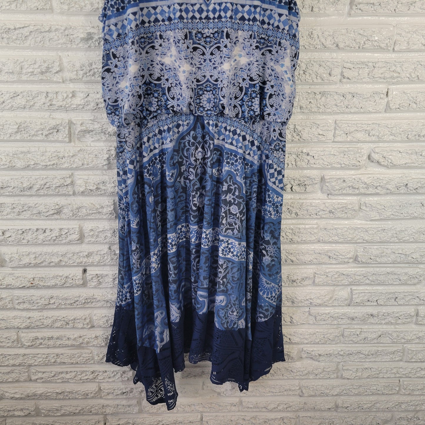 Style Co XL Fit & Flare Dress Blue White Geometric Asymmetric Lace Hem GEO81E