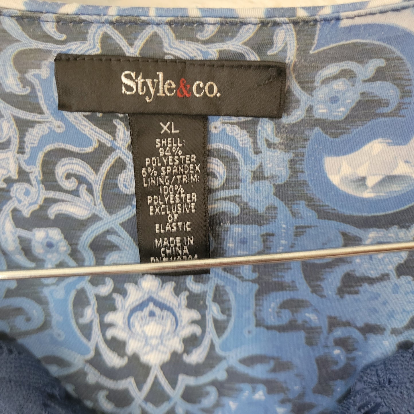 Style Co XL Fit & Flare Dress Blue White Geometric Asymmetric Lace Hem GEO81E