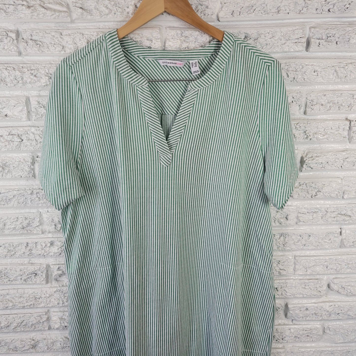 Isaac Mizrahi Live 1X Green Stripe Short Sleeve Pockets Swim Coverup STR62E