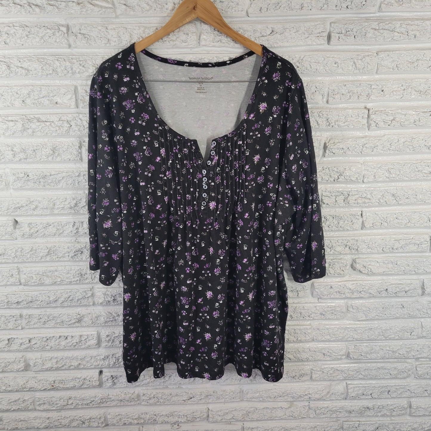 Woman Within Women's 2X Black Purple Floral Pintuck Pleated Tunic FLO63E