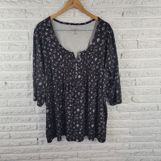 Woman Within Women's 2X Black Purple Floral Pintuck Pleated Tunic FLO63E