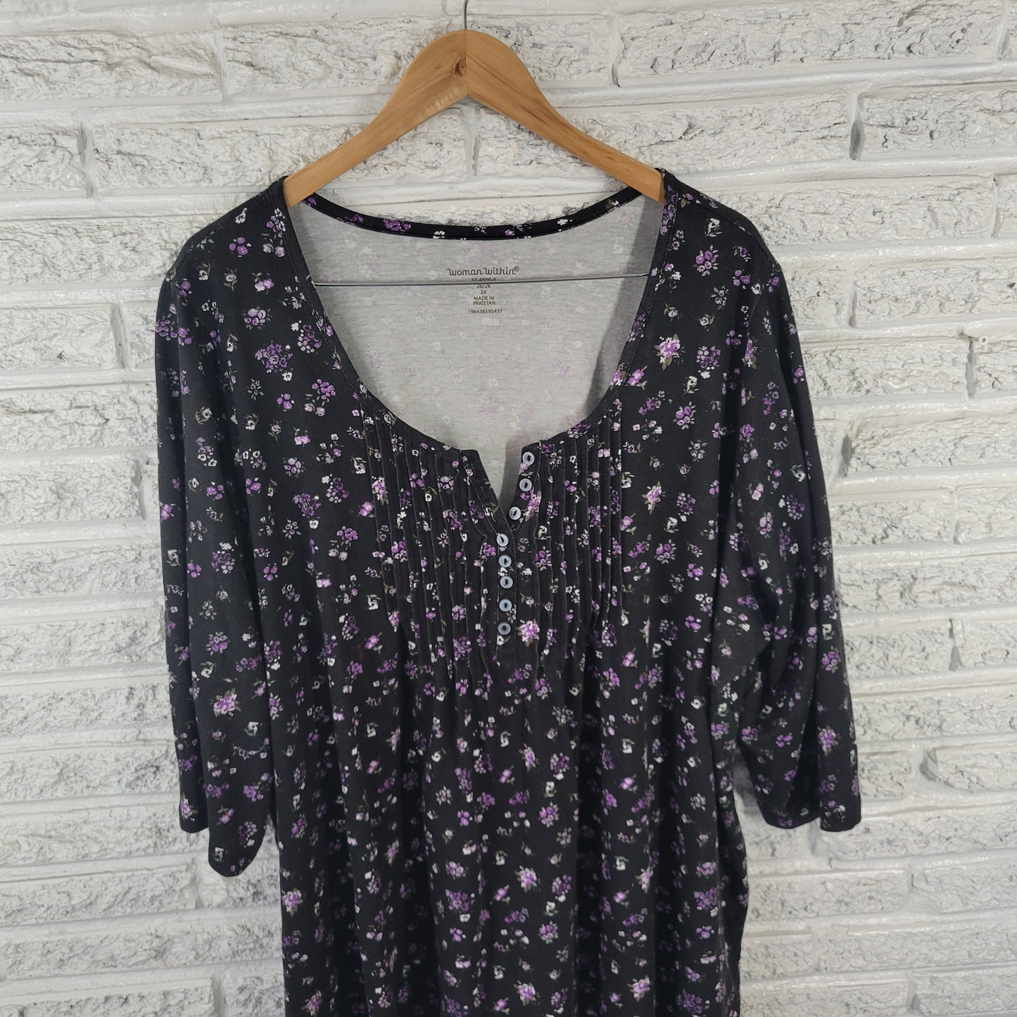 Woman Within Women's 2X Black Purple Floral Pintuck Pleated Tunic FLO63E