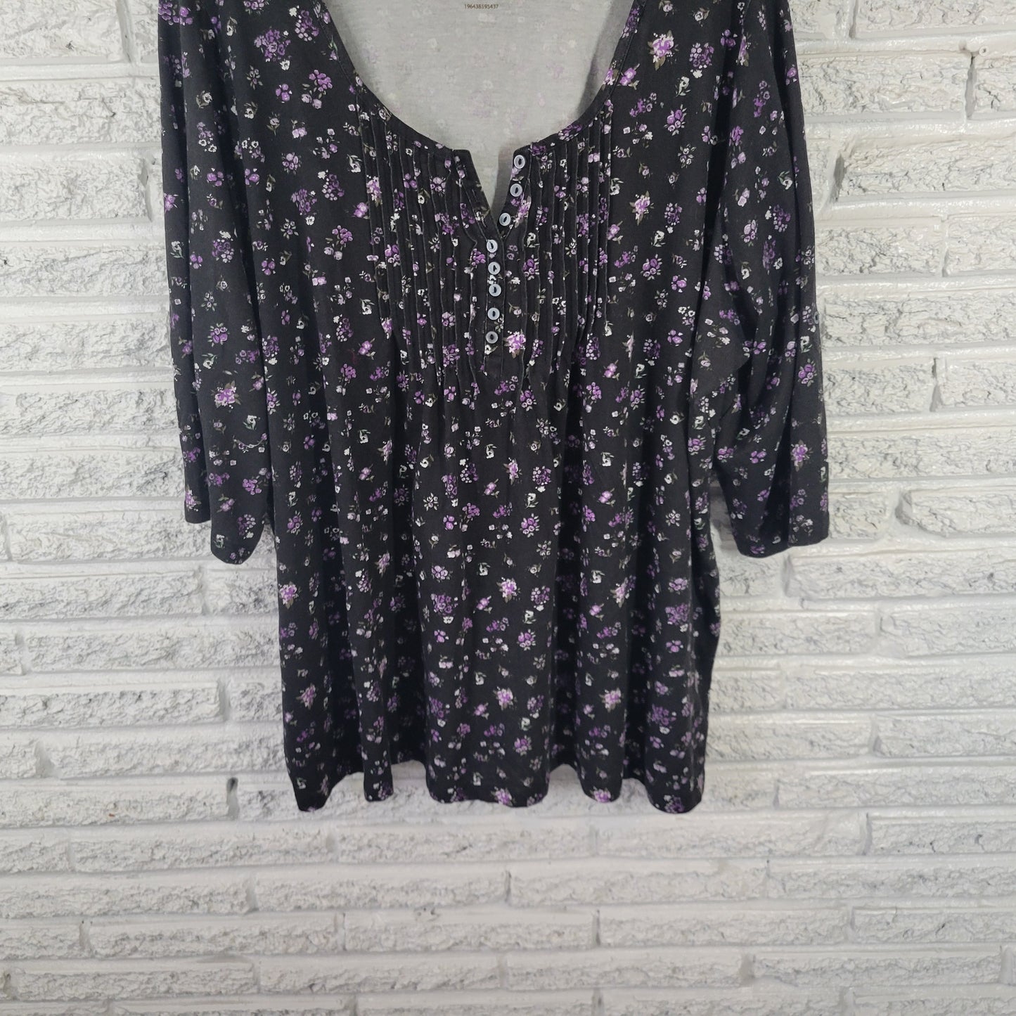 Woman Within Women's 2X Black Purple Floral Pintuck Pleated Tunic FLO63E