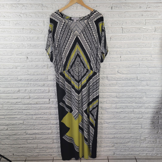 Roamans Womens Dress 1X Cap Sleeve Black Green Geometric Maxi GEI30XE