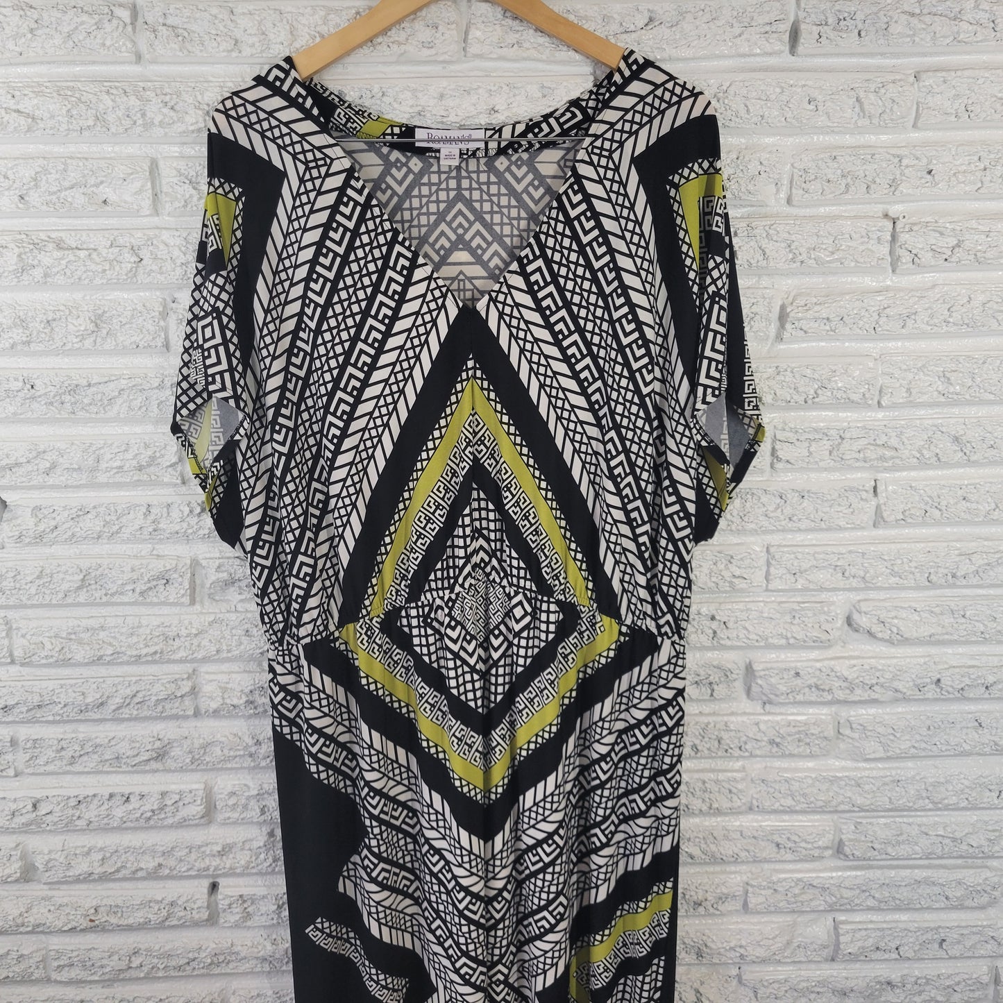 Roamans Womens Dress 1X Cap Sleeve Black Green Geometric Maxi GEI30XE