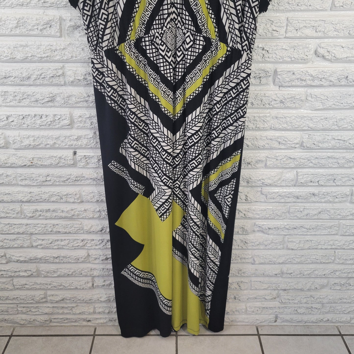 Roamans Womens Dress 1X Cap Sleeve Black Green Geometric Maxi GEI30XE
