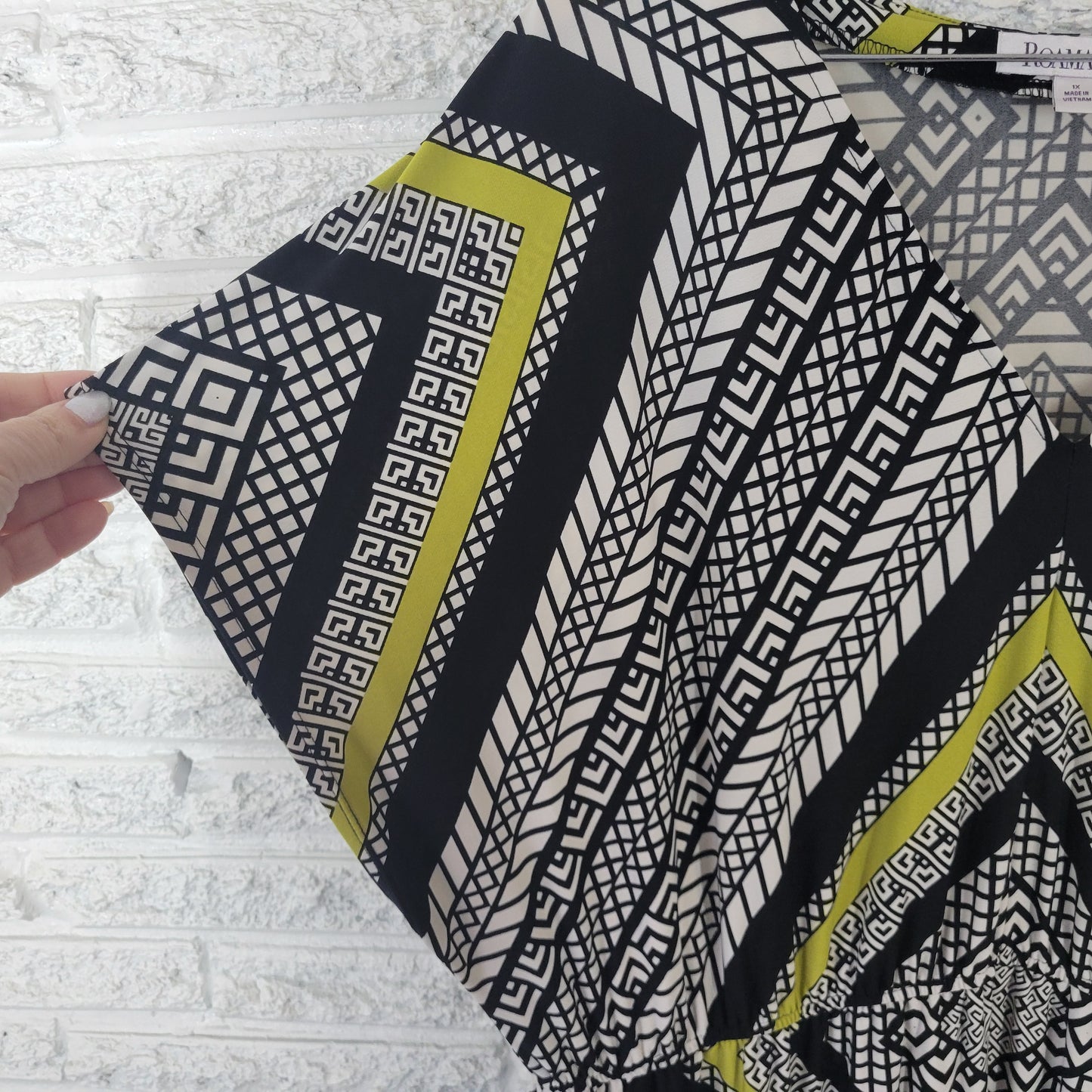 Roamans Womens Dress 1X Cap Sleeve Black Green Geometric Maxi GEI30XE