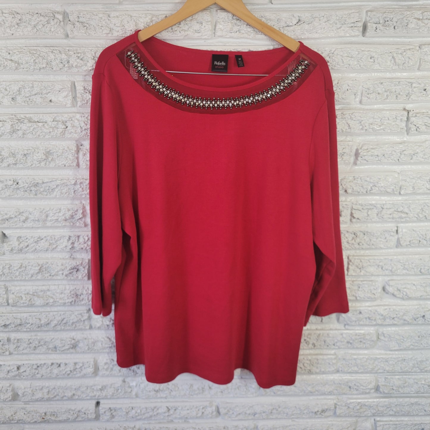 Rafaella Studio Women's 3X Red Beaded Rhinestone Mesh Neck 3/4 Sleeve Top RED16E