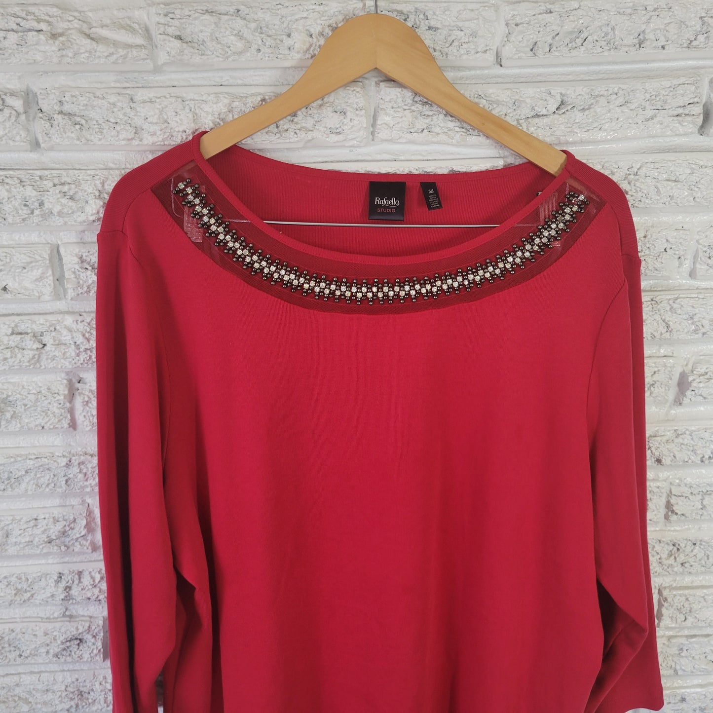 Rafaella Studio Women's 3X Red Beaded Rhinestone Mesh Neck 3/4 Sleeve Top RED16E