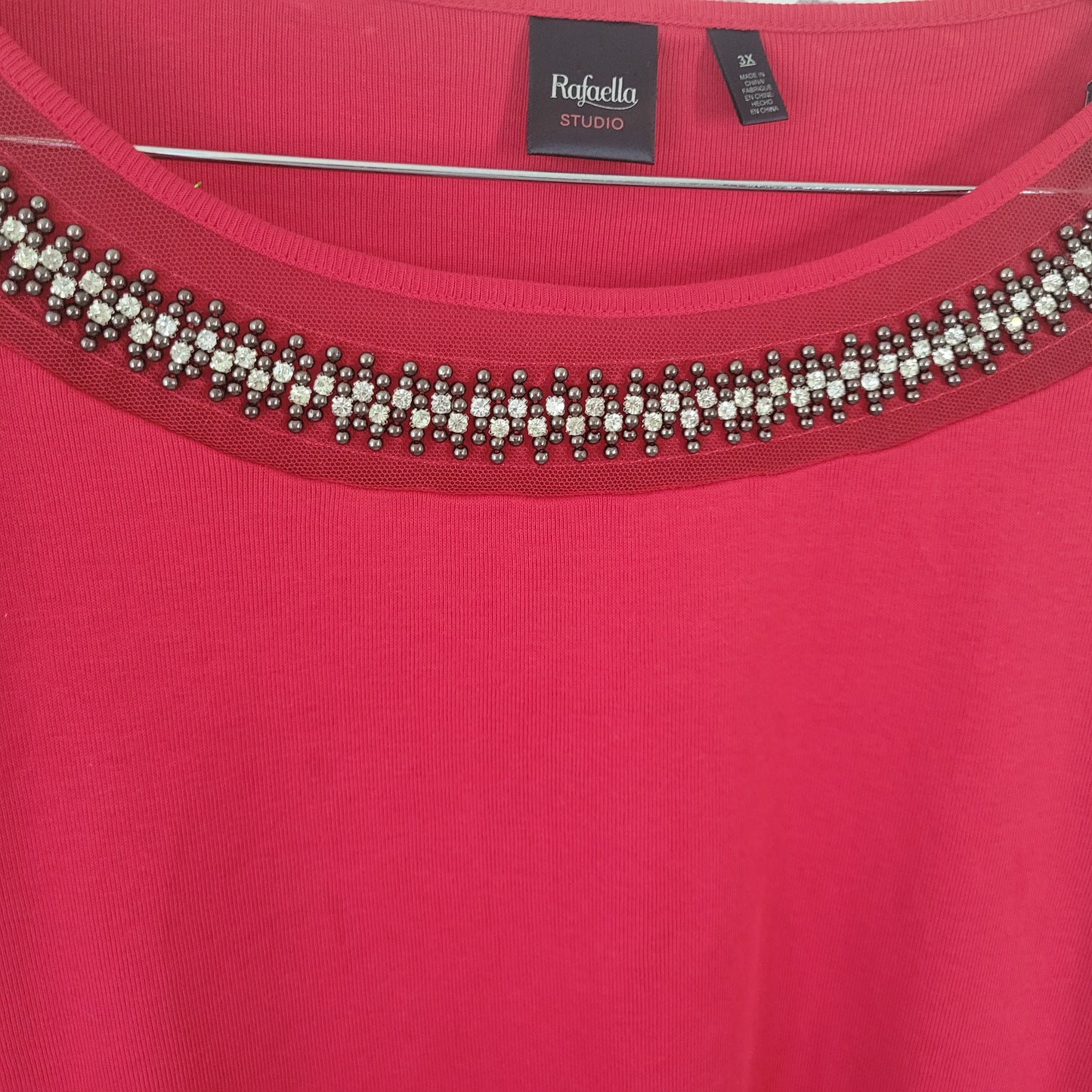 Rafaella Studio Women's 3X Red Beaded Rhinestone Mesh Neck 3/4 Sleeve Top RED16E