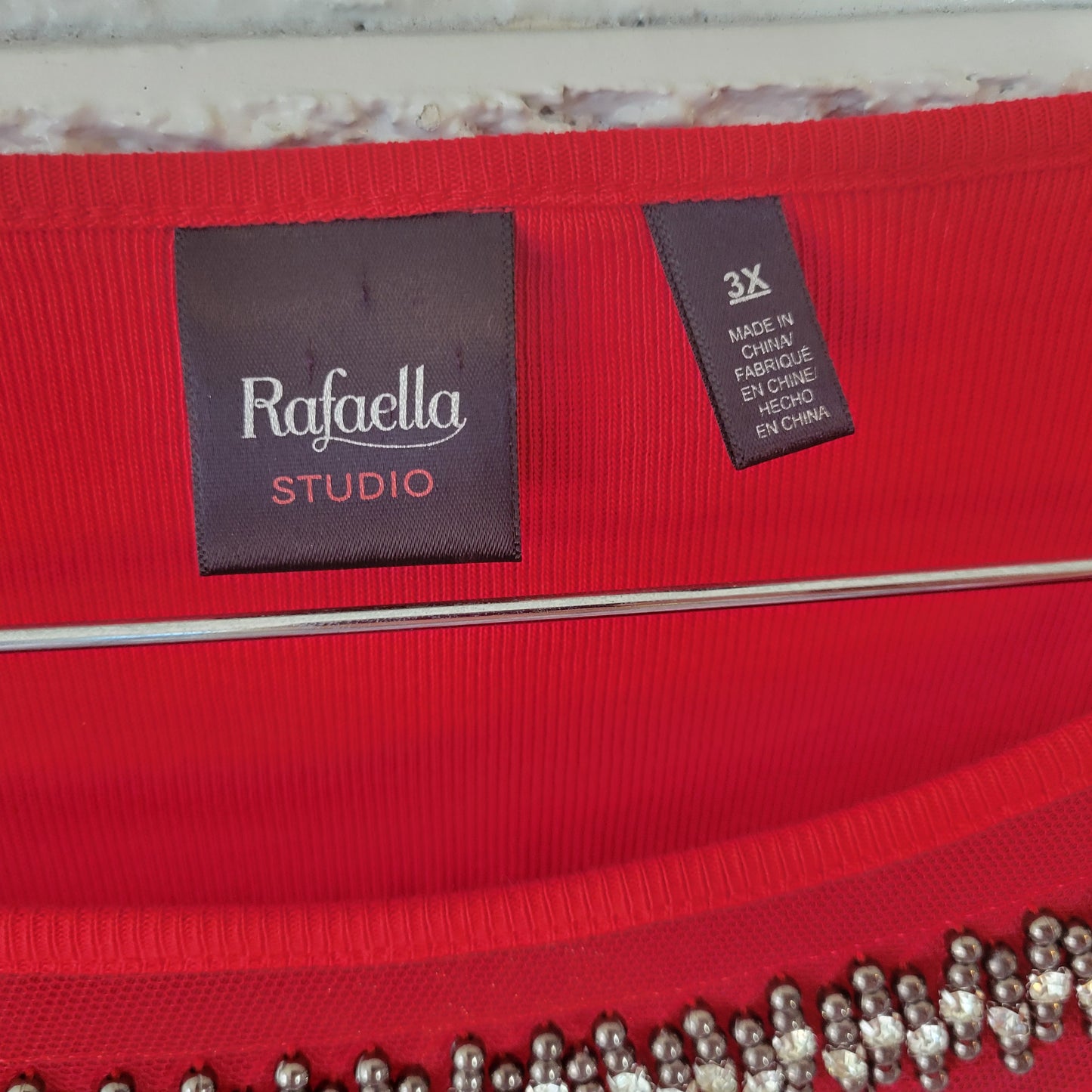 Rafaella Studio Women's 3X Red Beaded Rhinestone Mesh Neck 3/4 Sleeve Top RED16E