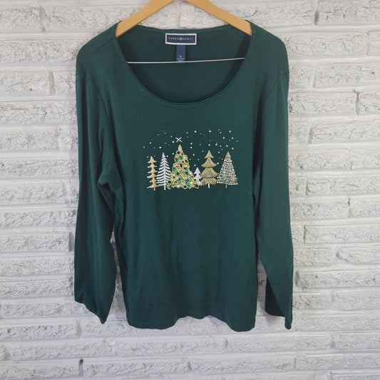 Karen Scott Women's XL Green Christmas T-Shirt Embroidered Rhinestone GRE49XE