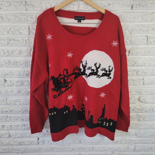 Blizzard Bay Women's 3X Christmas Sweater Red Santa Sleigh Beaded SWE182E