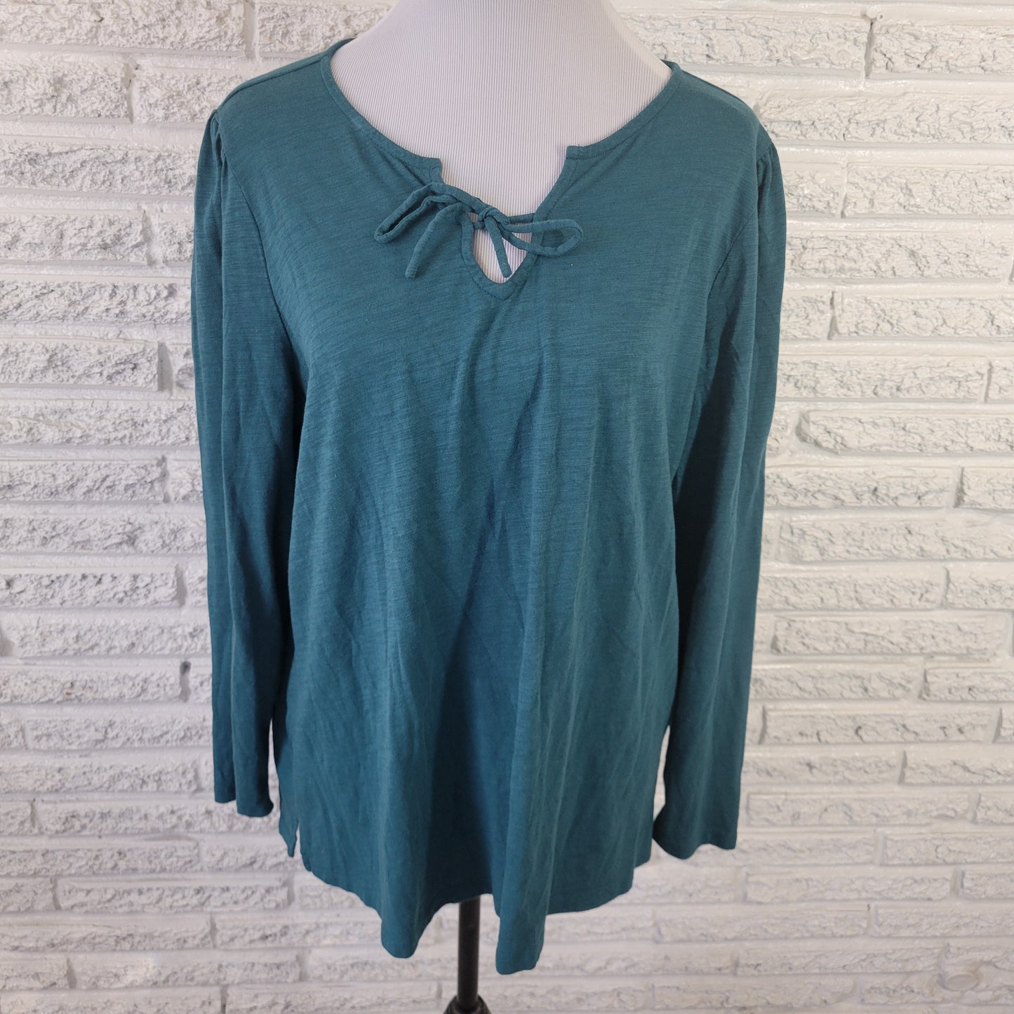 Belle Kim Gravel Women's XL Green V-Neck Top Long Sleeve Keyhole Blouse GRE25E