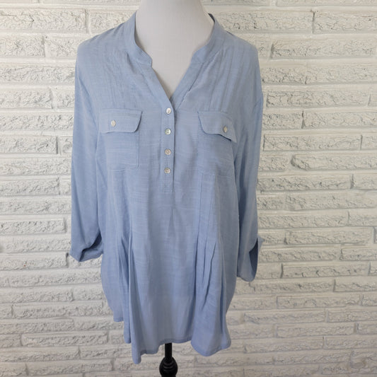 Ruby Rd Women's XL Blue Button-Up Top V-Neck Long Roll Tab Sleeve BLU154E
