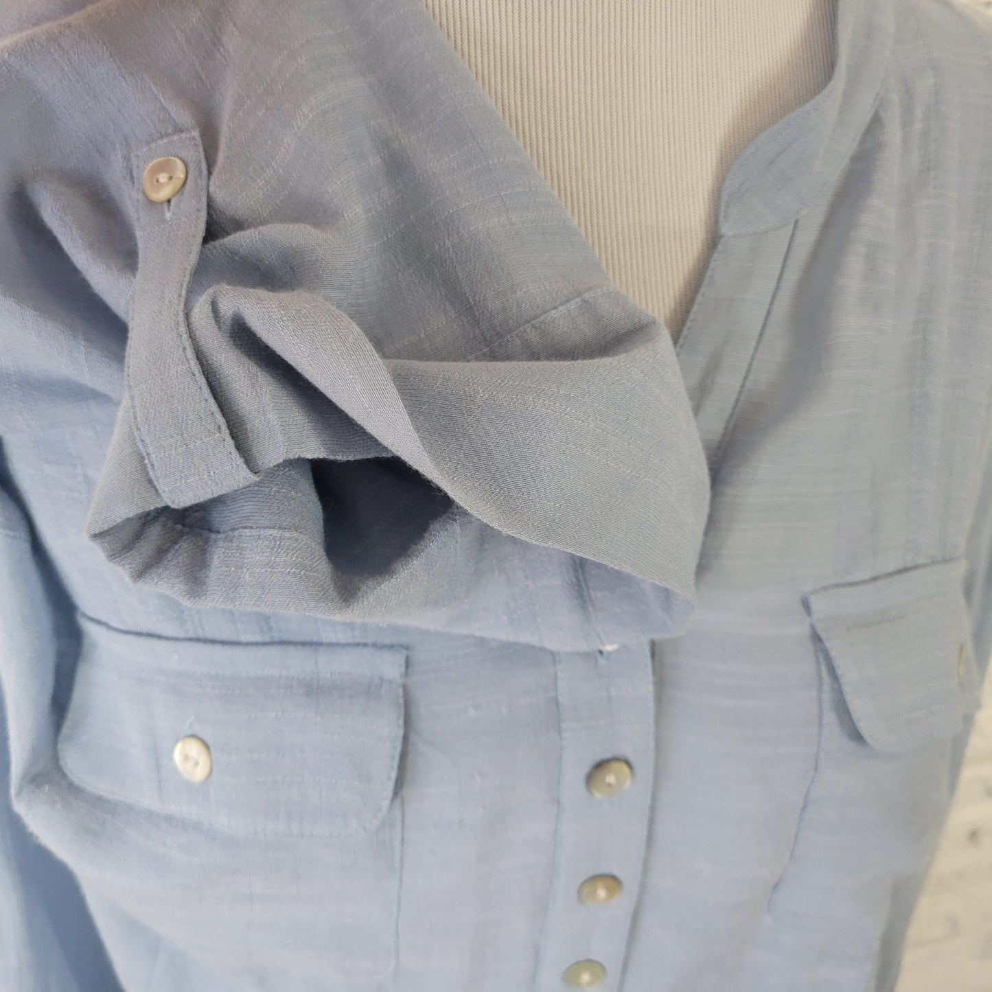 Ruby Rd Women's XL Blue Button-Up Top V-Neck Long Roll Tab Sleeve BLU154E