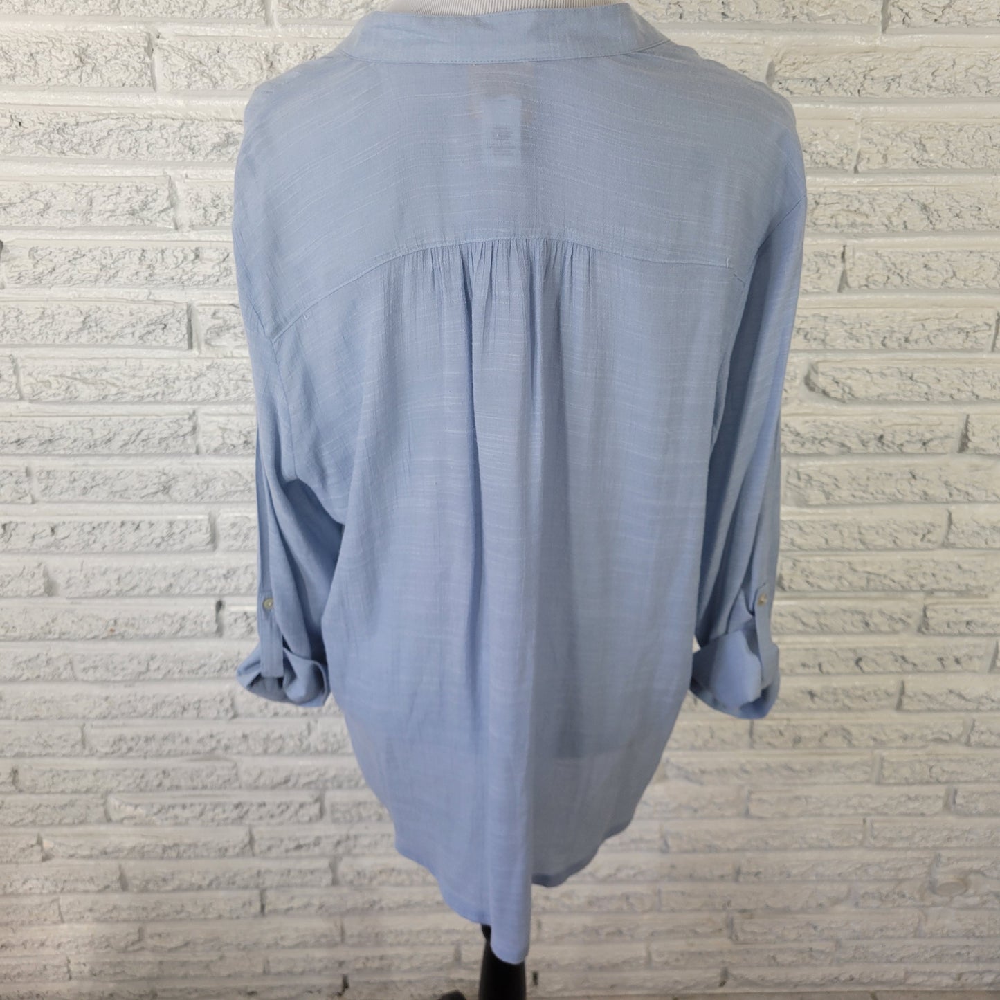 Ruby Rd Women's XL Blue Button-Up Top V-Neck Long Roll Tab Sleeve BLU154E