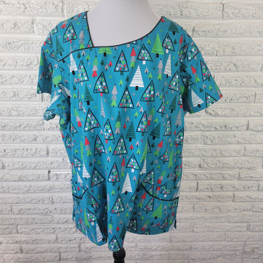Butter Soft Unisex 2X Scrub Top Christmas Trees Print Blue Green NOV134E
