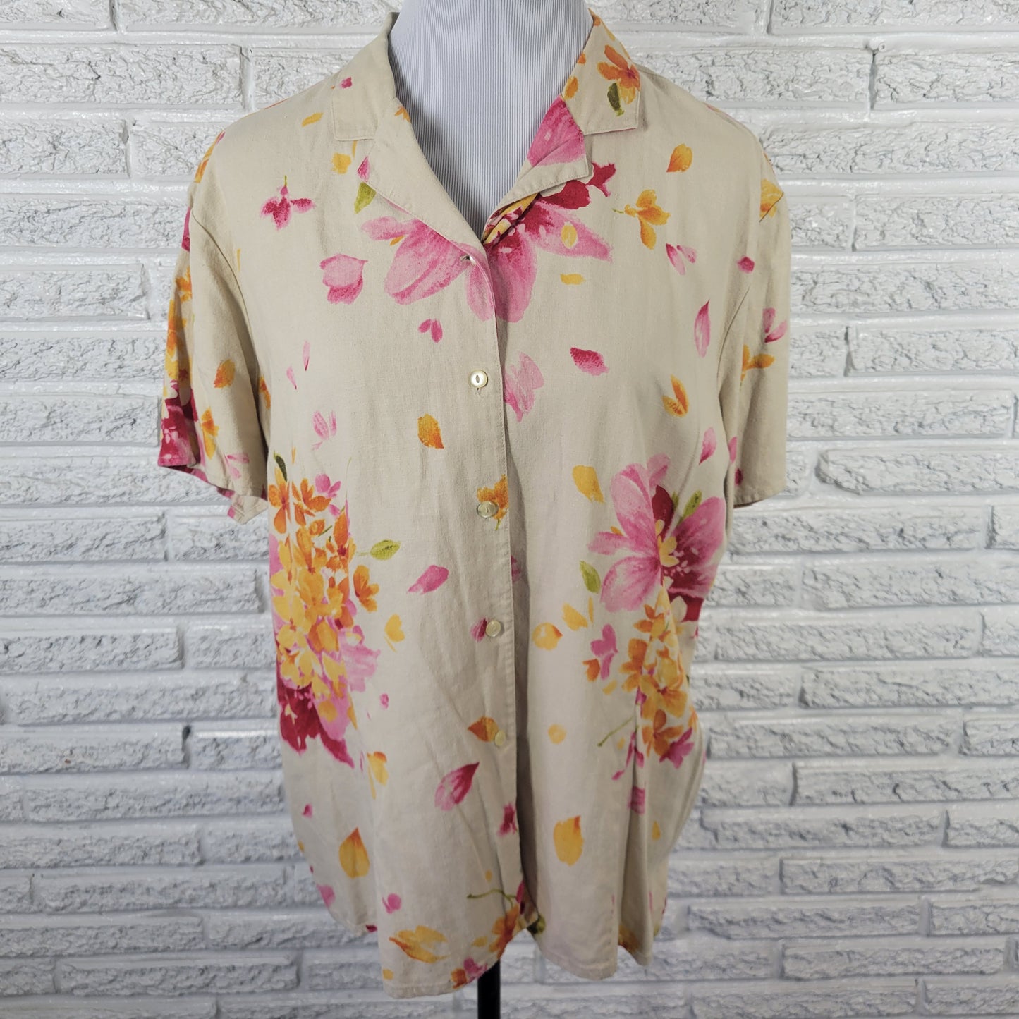 Liz Claiborne XL Womens Top Linen Blend Floral Button Up Short Sleeve FLO227E