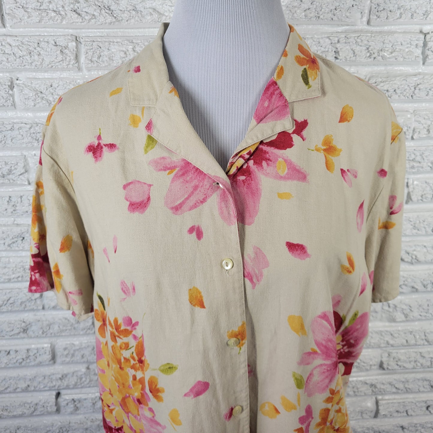 Liz Claiborne XL Womens Top Linen Blend Floral Button Up Short Sleeve FLO227E