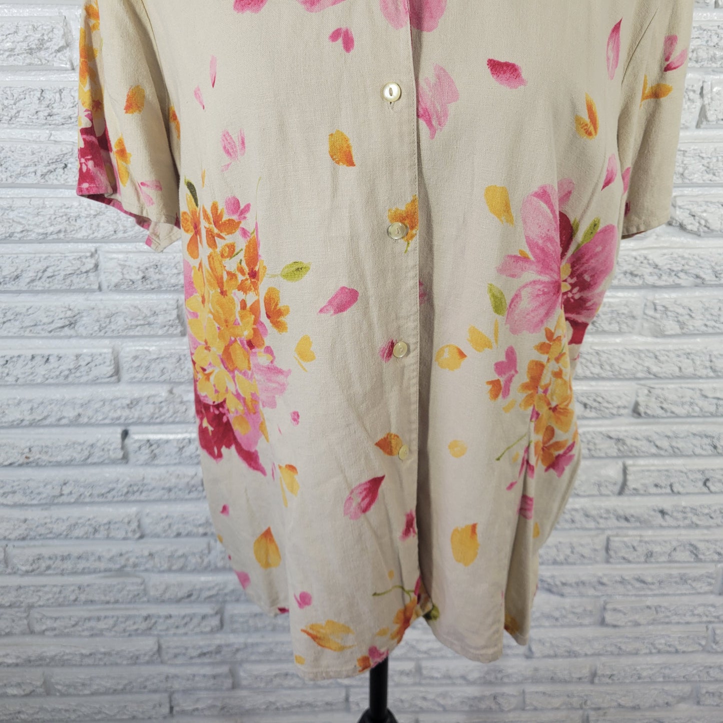 Liz Claiborne XL Womens Top Linen Blend Floral Button Up Short Sleeve FLO227E